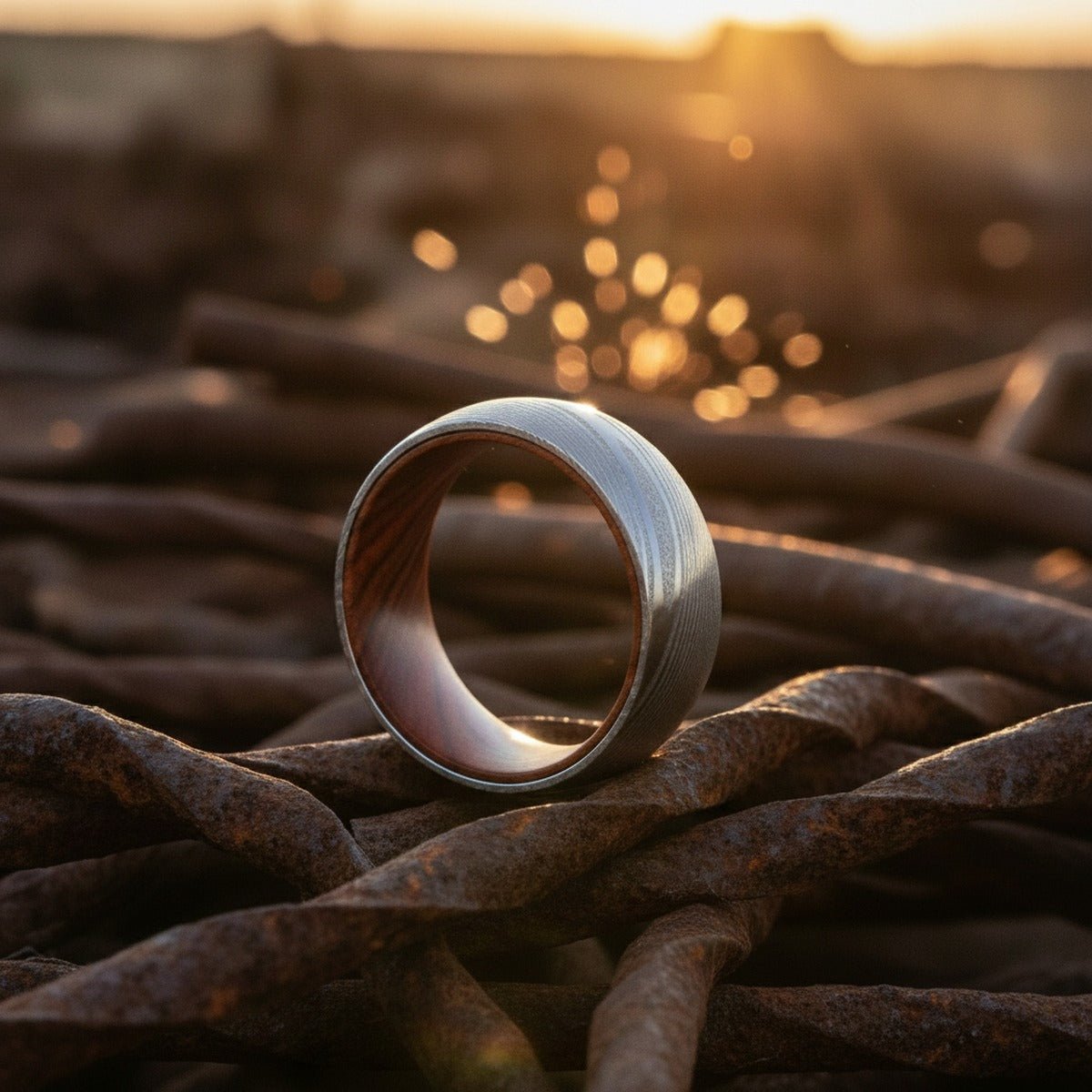 Aydins TILLMAN | Iron Wood, Silver Damascus Steel, Domed lifestyle scene, junkyard steel