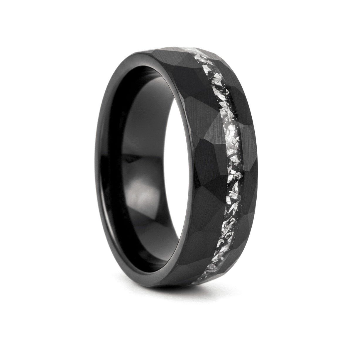 TITANIS black tungsten ring with titanium shavings inlay and hammered finish - front view