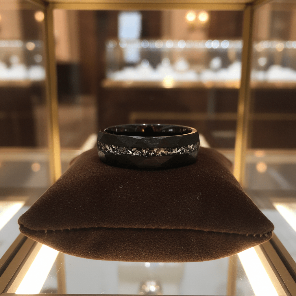 TITANIS — Premium boutique display on velvet — men's tungsten wedding ring.