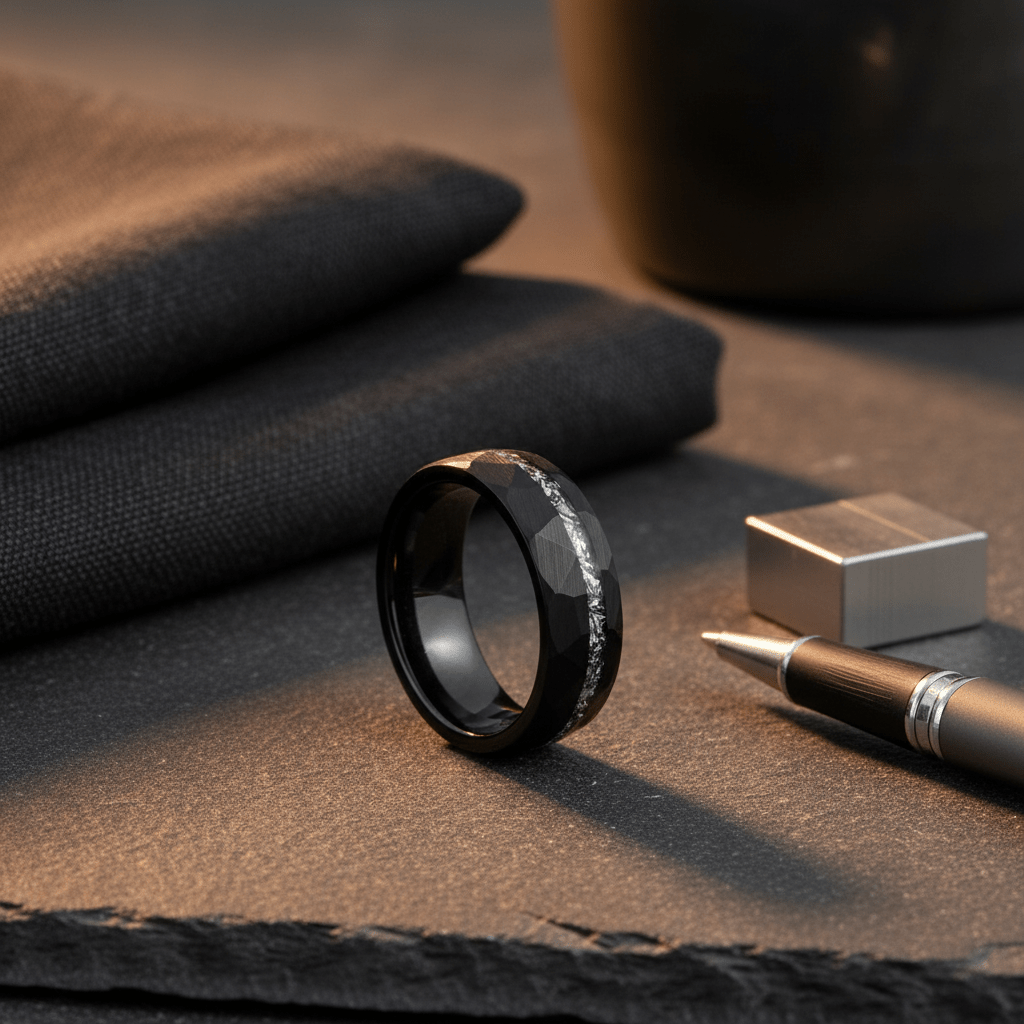 TITANIS — Editorial masculine still life — men's tungsten wedding ring.