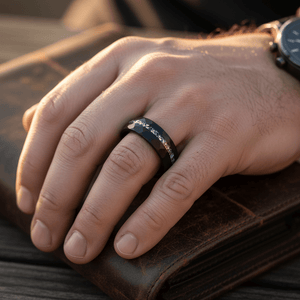 TITANIS — Lifestyle photo on hand — men's tungsten wedding ring.
