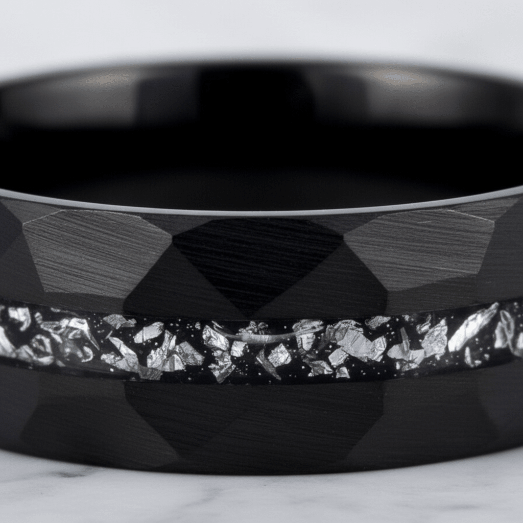 TITANIS — Extreme macro detail — men's tungsten wedding ring.