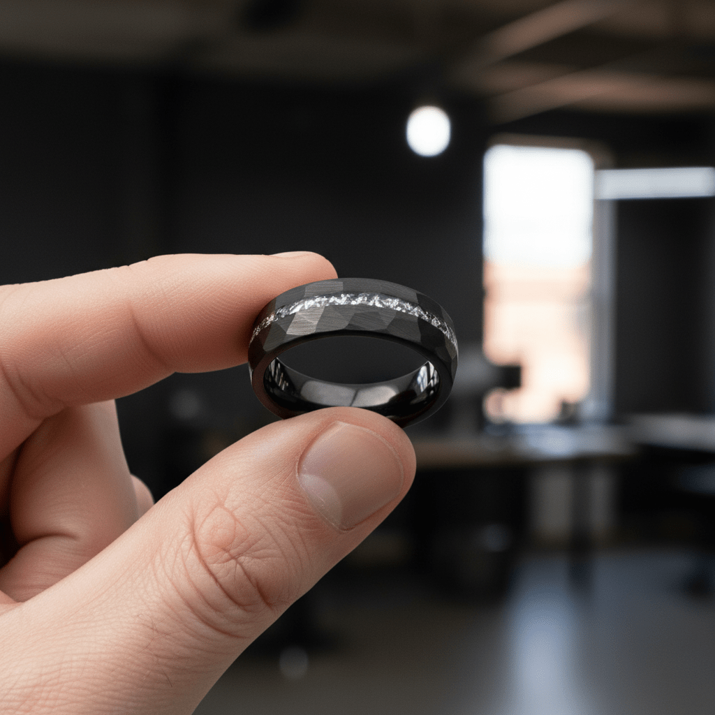 TITANIS — Held between fingers close-up — men's tungsten wedding ring.