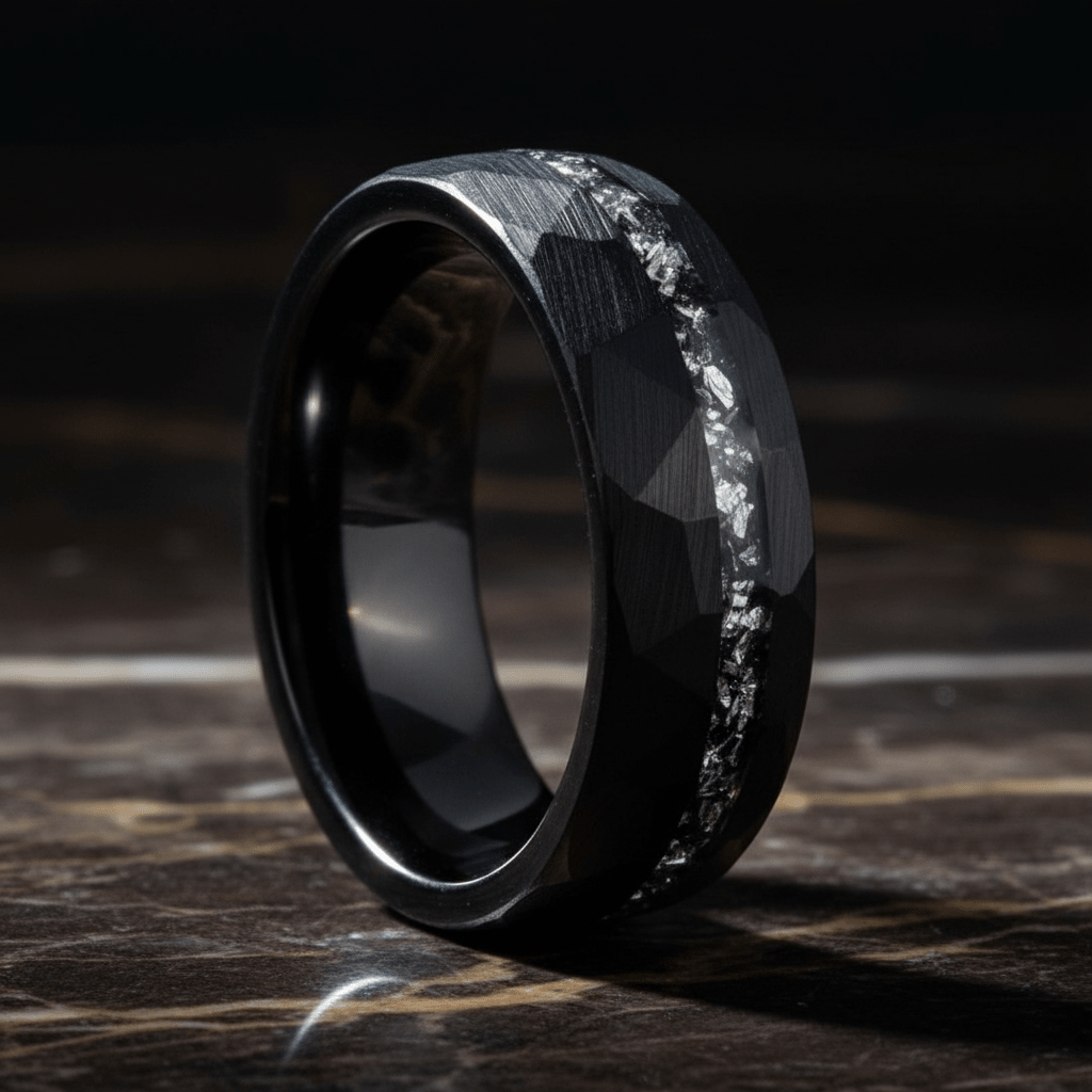 TITANIS — Luxury 3/4 angle on dark marble — men's tungsten wedding ring.
