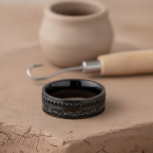 Aydins TITANOIR | Black Tungsten Ring, Black Diamond Stimulated CZ, Titanium Shavings Inlay lifestyle scene, ceramic kiln