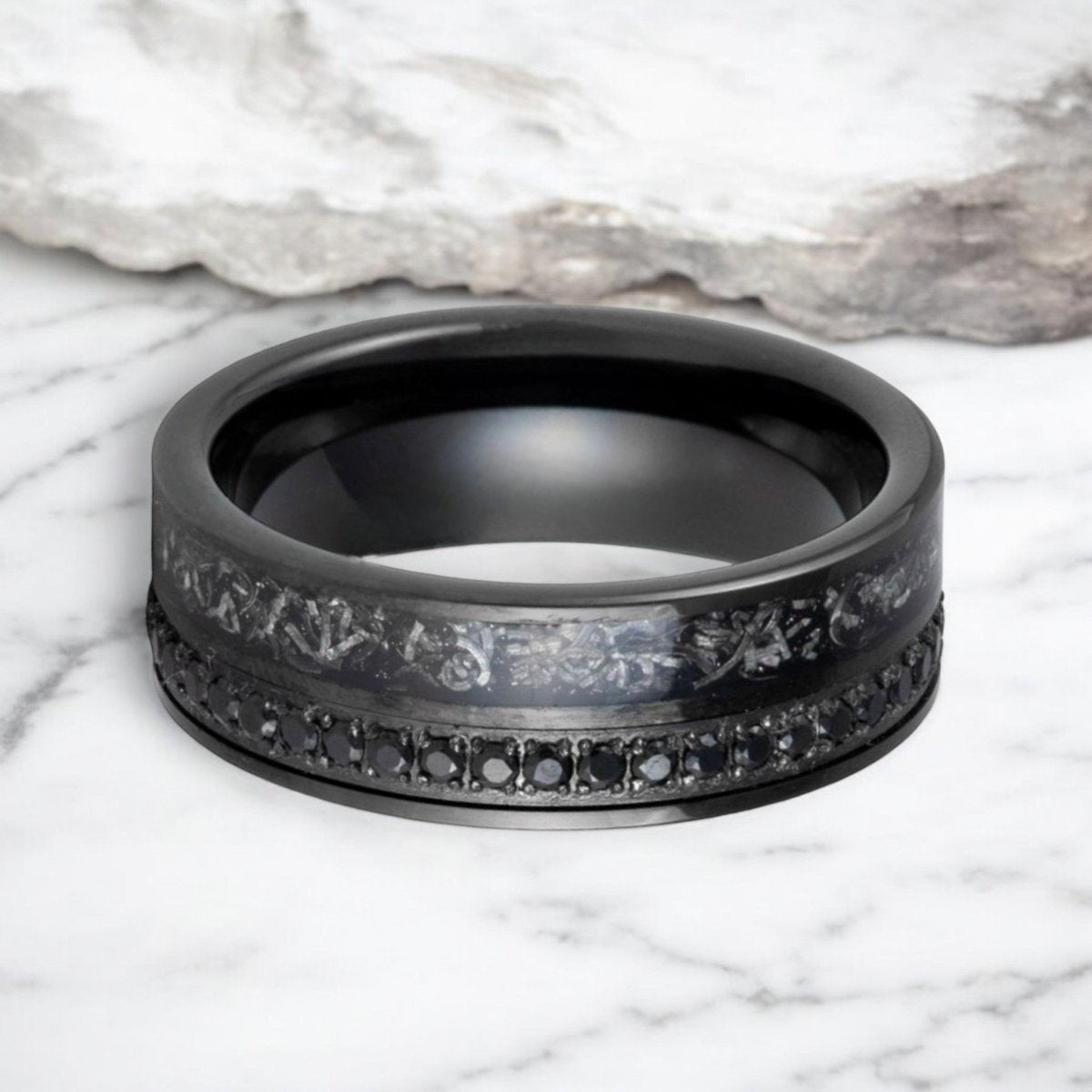 8mm black tungsten wedding band with sleek titanium inlay and black CZ eternity.