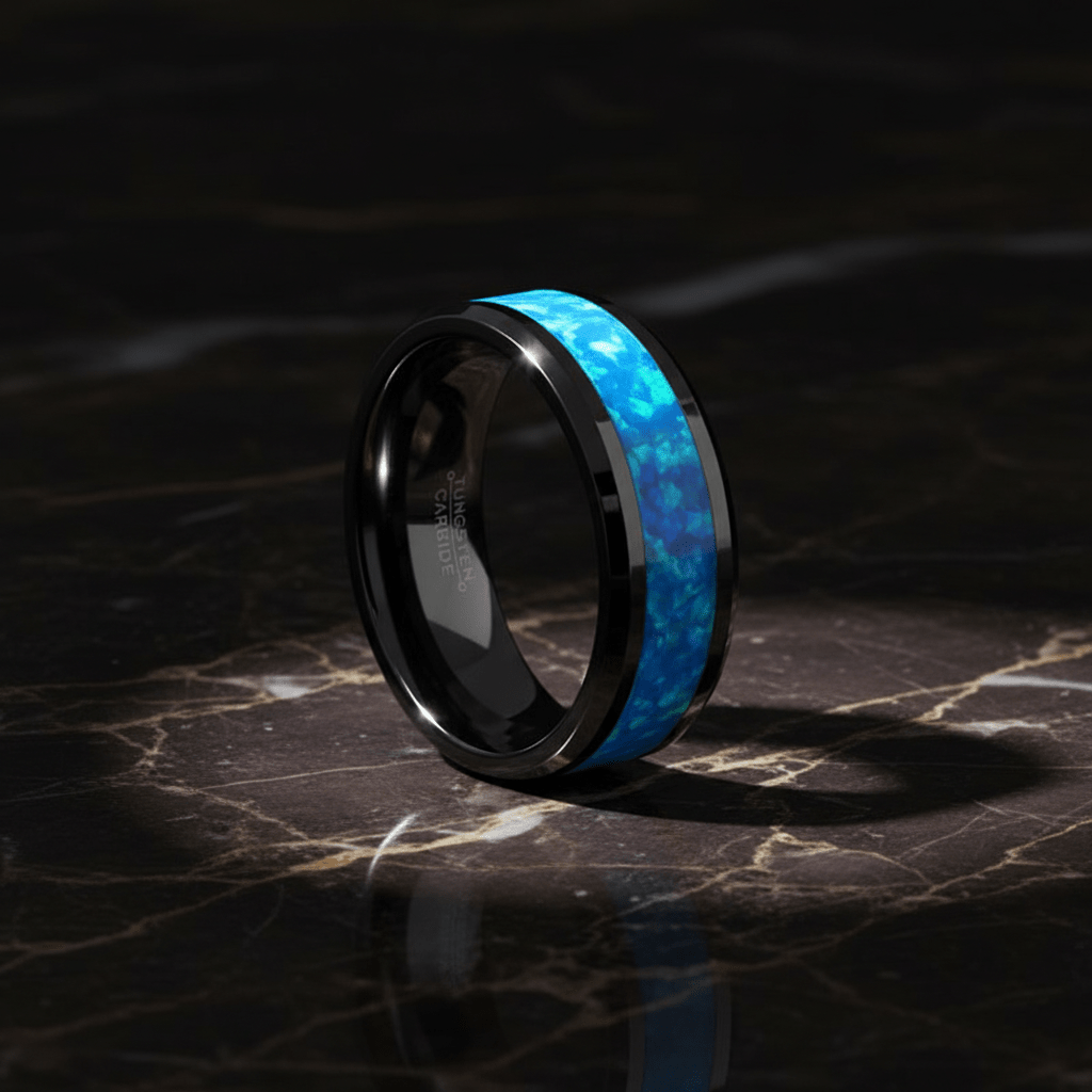 TRANQUIL — Luxury 3/4 angle on dark marble — men's tungsten wedding ring.