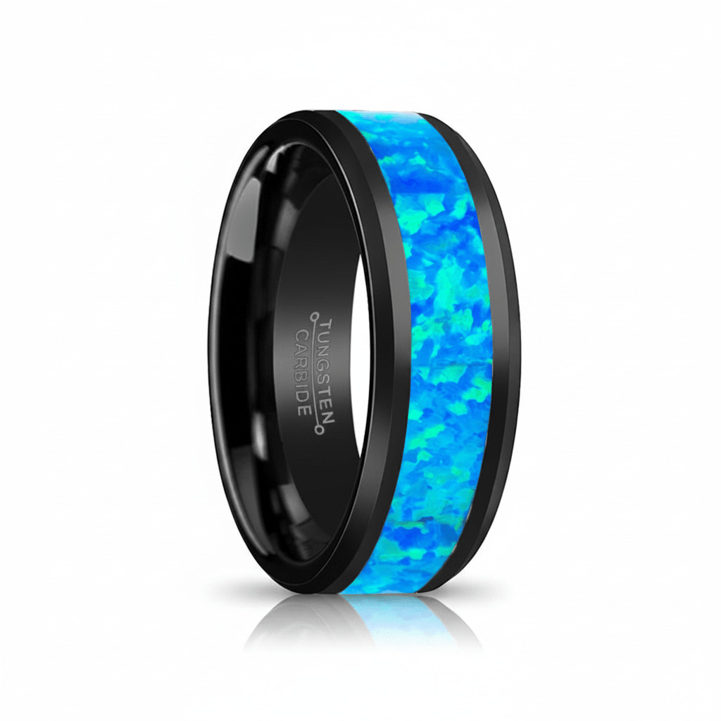 TRANQUIL — Hero product shot — men's tungsten wedding ring.