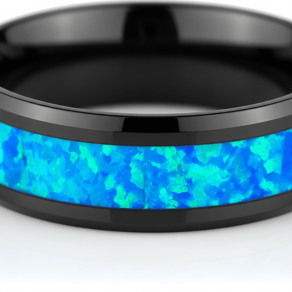 TRANQUIL — Extreme macro detail — men's tungsten wedding ring.
