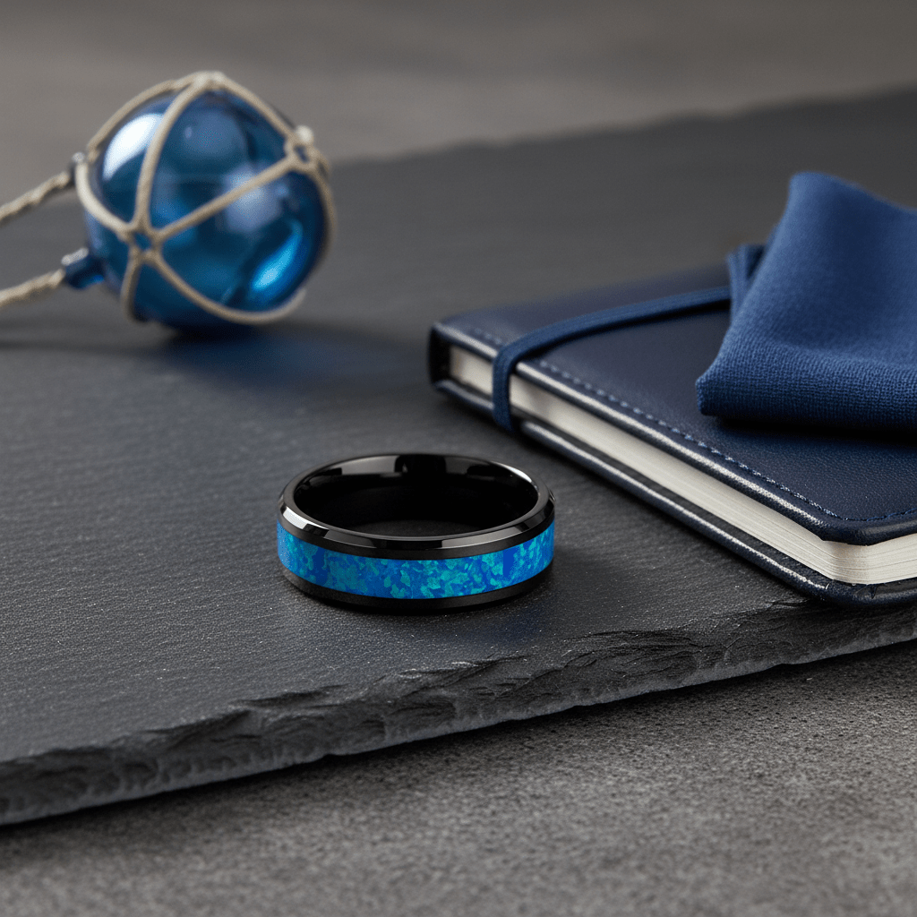TRANQUIL — Editorial masculine still life — men's tungsten wedding ring.