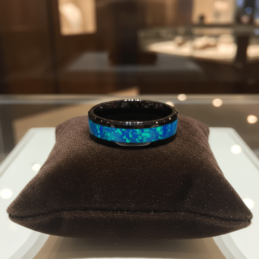 TRANQUIL — Premium boutique display on velvet — men's tungsten wedding ring.