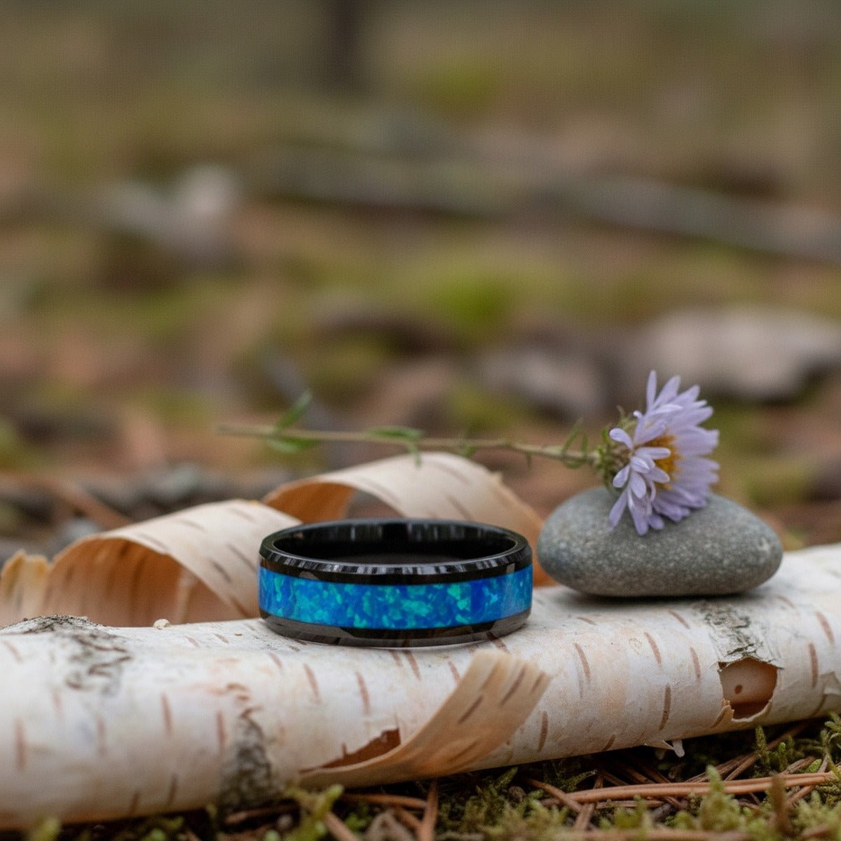 Aydins TRANQUIL | Polished Black Tungsten Blue Fire-Opal Beveled Wedding Ring 8mm lifestyle scene, river birch bark