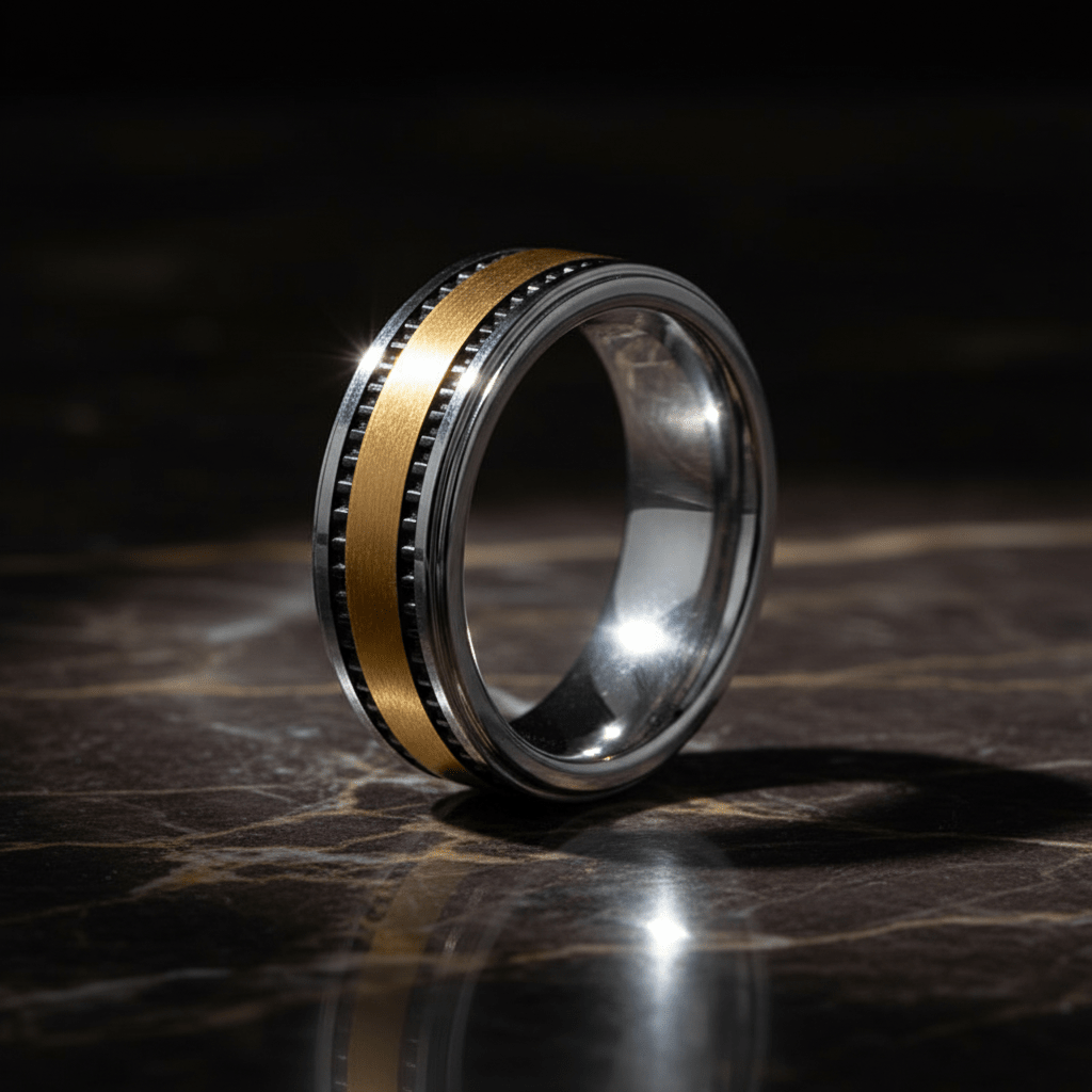 TREGAN — detail view — men's tungsten carbide wedding ring | Aydins Jewelry