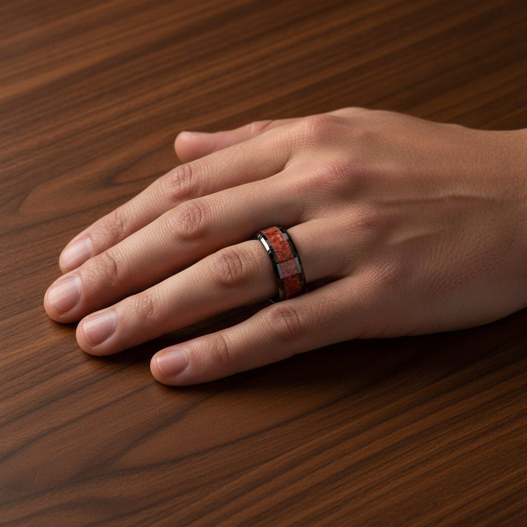 TRIASSIC black ceramic ring with red dinosaur bone inlay running around the band and polished beveled edges worn on man's hand resting on walnut wood, lifestyle photo