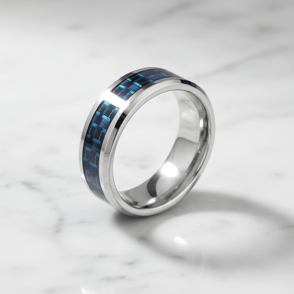 Blue Carbon Fiber inlay 14k yellow gold wedding band 8mm, additional view 9