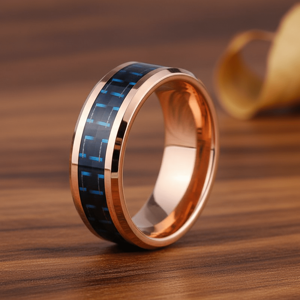 Blue Carbon Fiber inlay 14k yellow gold wedding band 8mm, additional view 10
