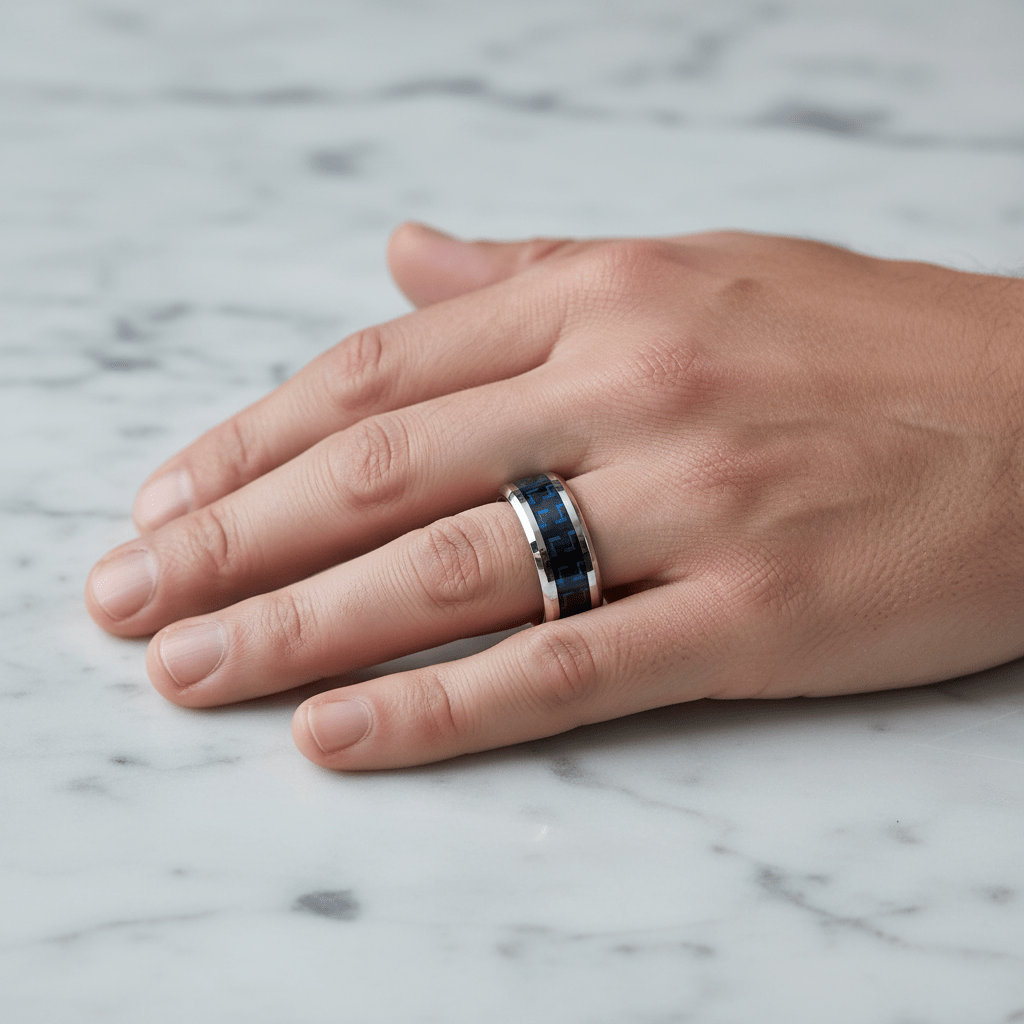 Blue Carbon Fiber inlay 14k yellow gold wedding band 8mm, on the hand