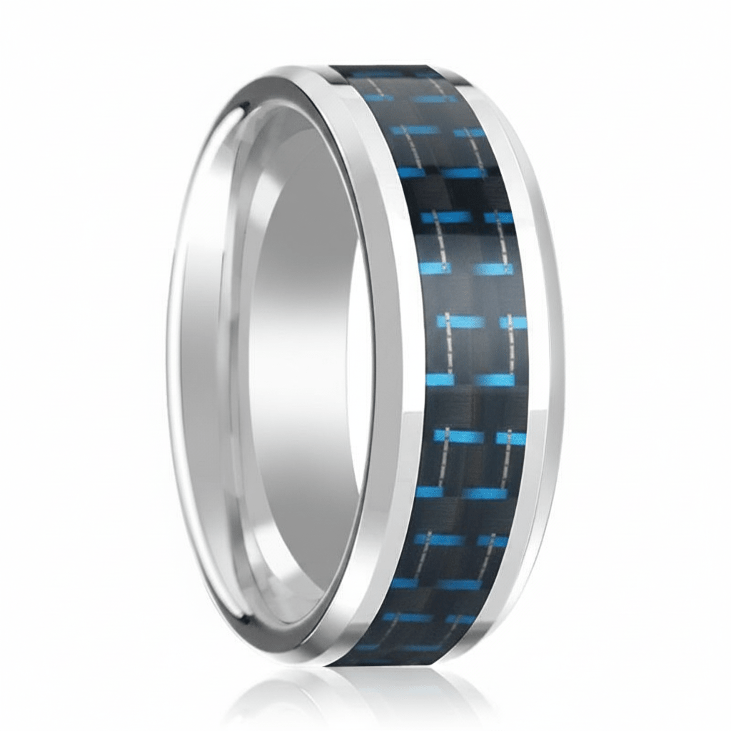 Blue Carbon Fiber inlay 14k yellow gold wedding band 8mm, close-up of inlay