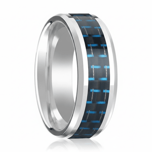 Blue Carbon Fiber inlay 14k yellow gold wedding band 8mm, close-up of inlay