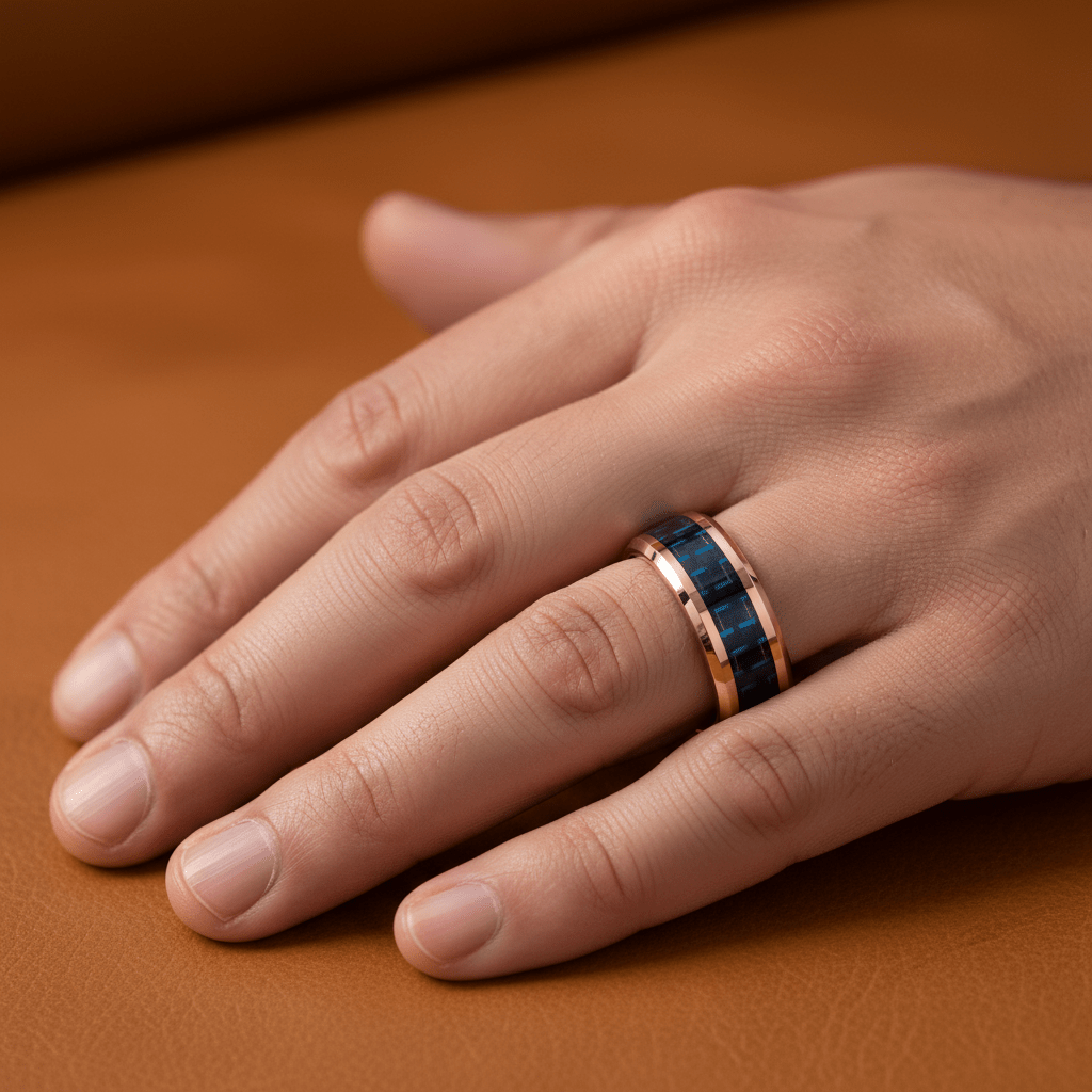 Blue Carbon Fiber inlay 14k yellow gold wedding band 8mm, additional view 7