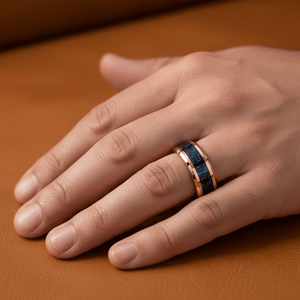 Blue Carbon Fiber inlay 14k yellow gold wedding band 8mm, additional view 7