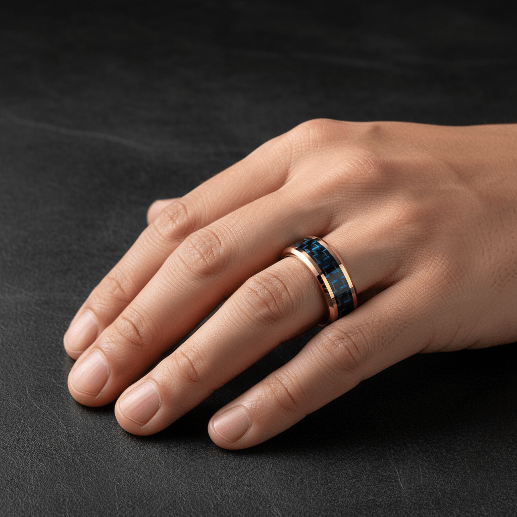 Blue Carbon Fiber inlay 14k yellow gold wedding band 8mm, angled view