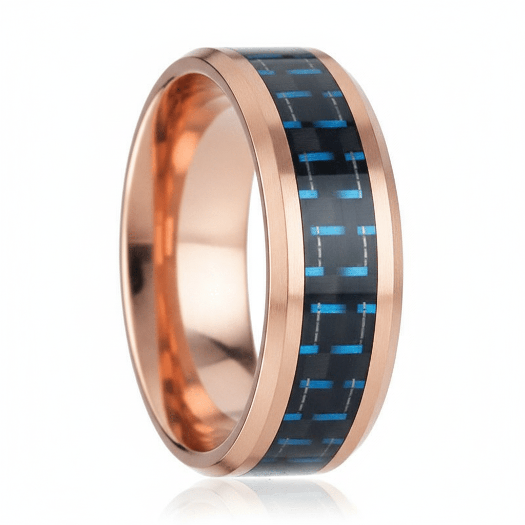 Blue Carbon Fiber inlay 14k yellow gold wedding band 8mm, additional view 6