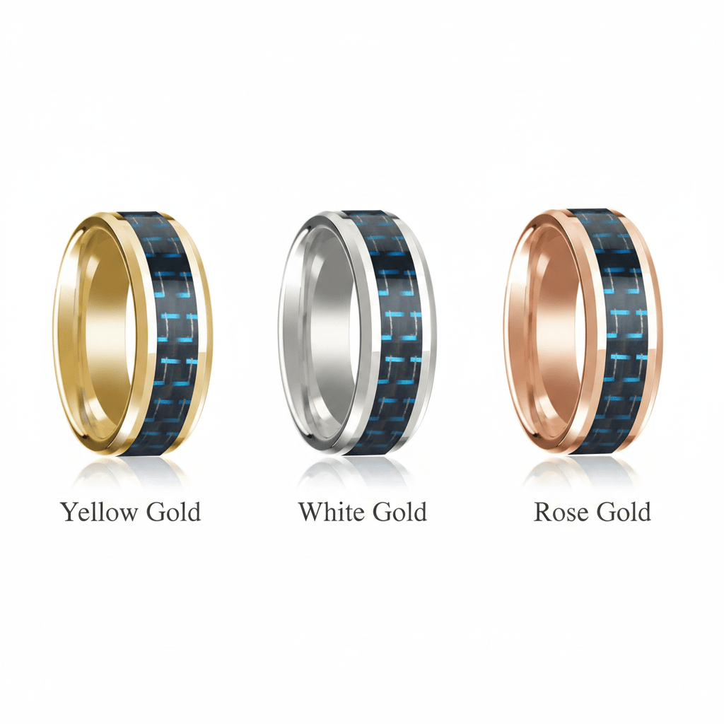 Blue Carbon Fiber inlay 14k yellow gold wedding band 8mm, top view