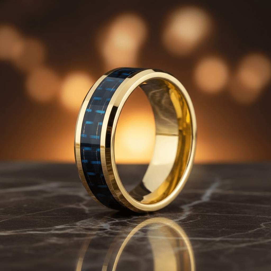 Blue Carbon Fiber inlay 14k yellow gold wedding band 8mm, additional view 8