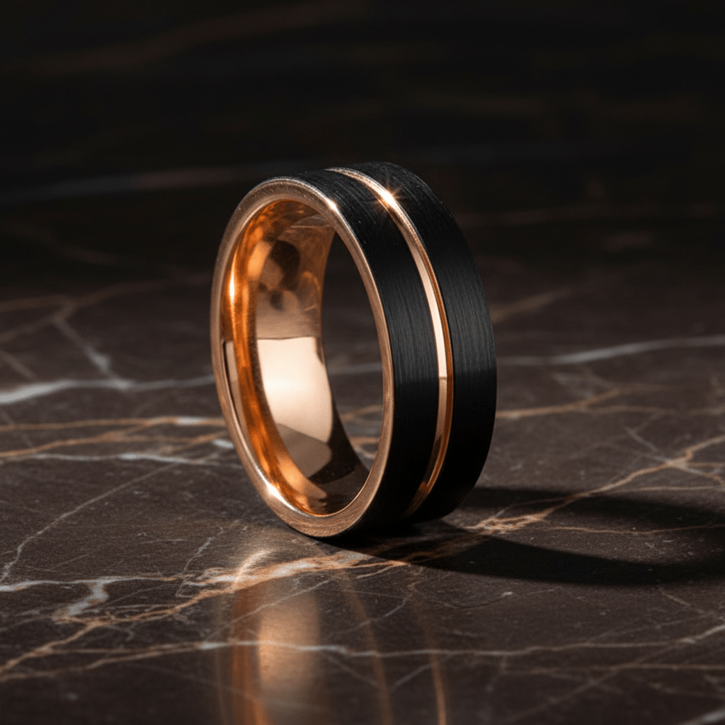 TRISTON — Luxury 3/4 angle on dark marble — men's tungsten wedding ring.