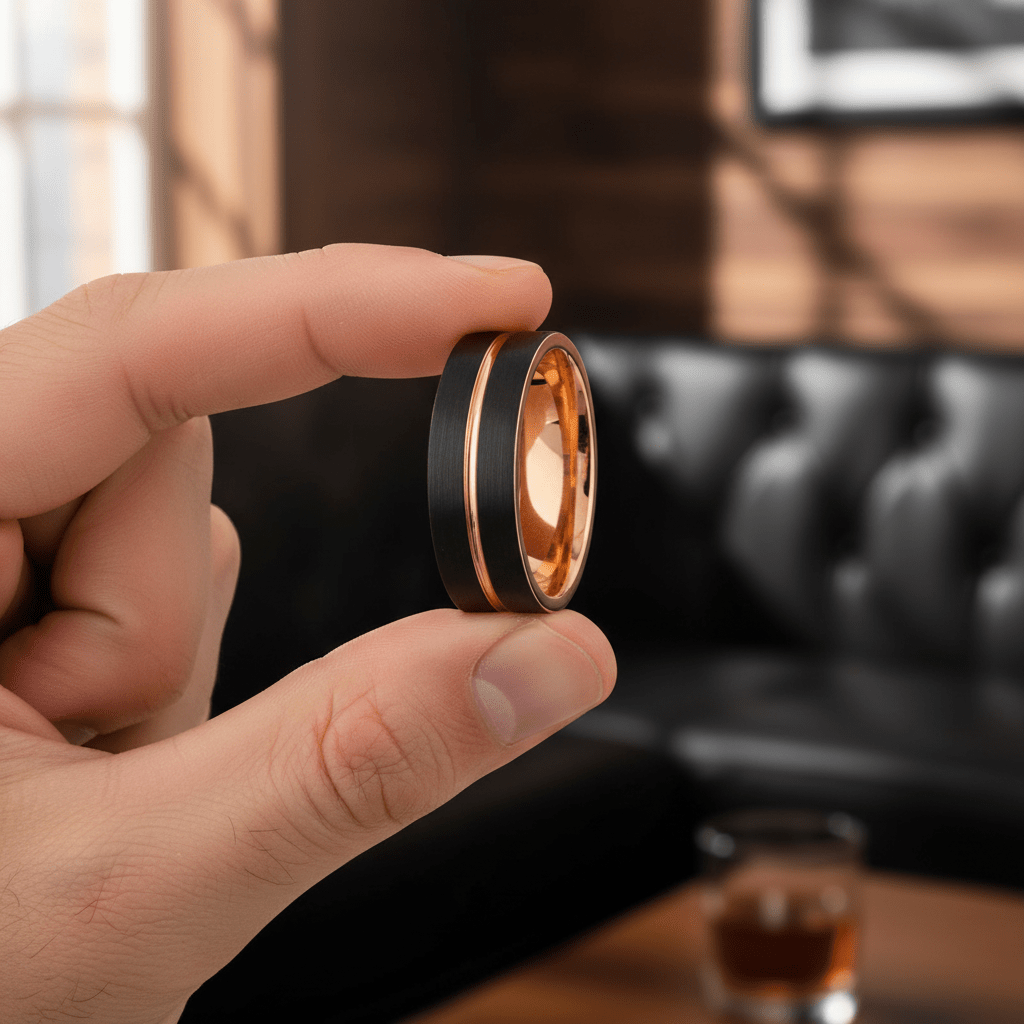 TRISTON — Held between fingers close-up — men's tungsten wedding ring.