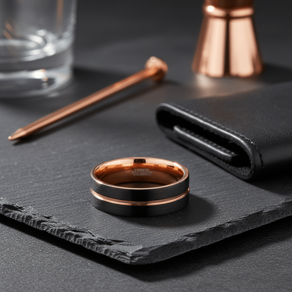 TRISTON — Editorial masculine still life — men's tungsten wedding ring.