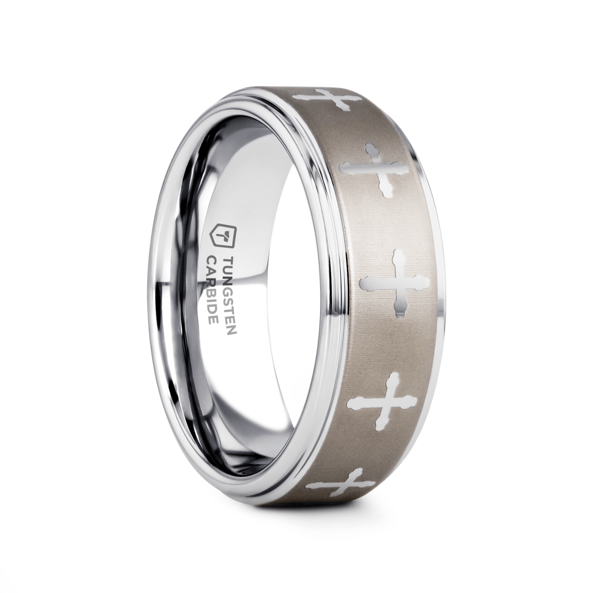 TRIUNE Silver tungsten Christian wedding ring — angle 1