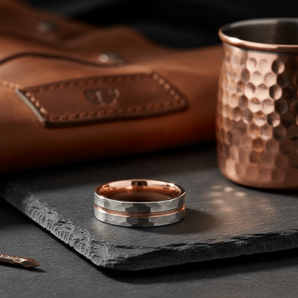 TROOPER — Editorial masculine still life — men's tungsten wedding ring.