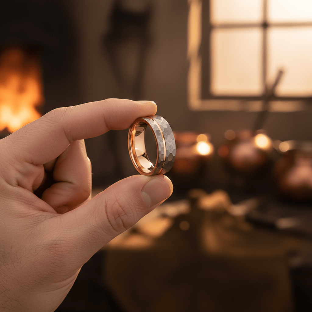 TROOPER — Held between fingers close-up — men's tungsten wedding ring.