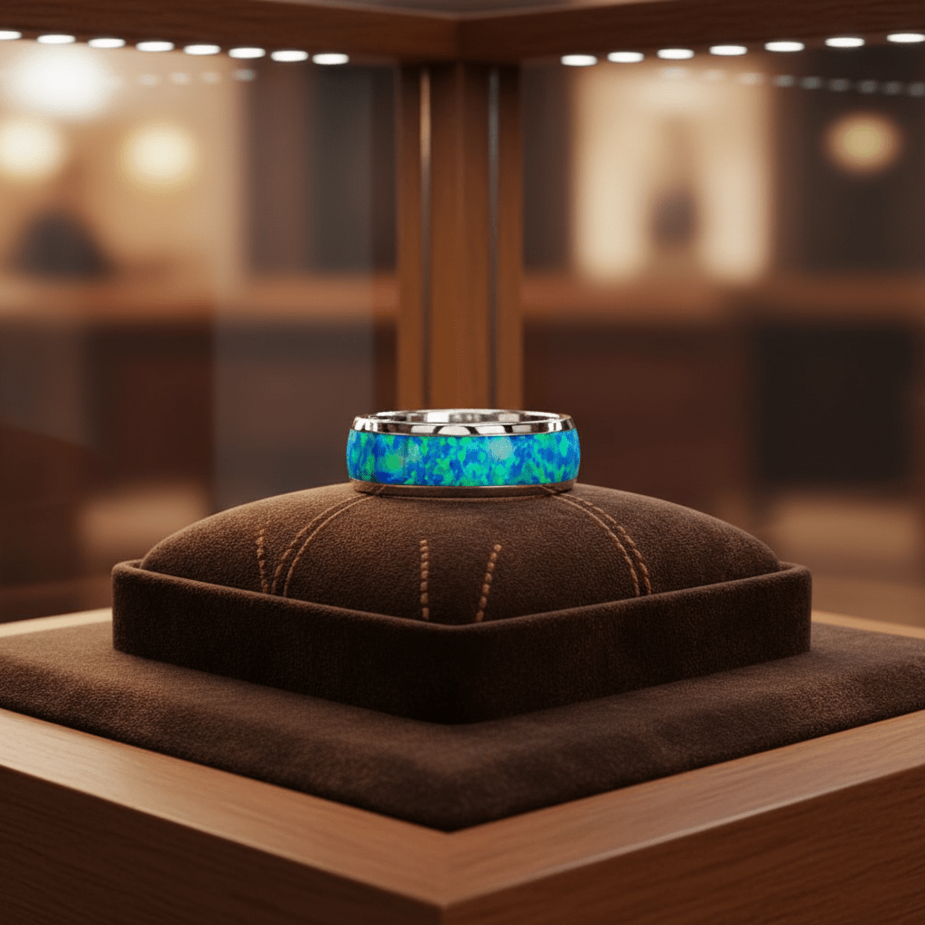 TROPIC — Premium boutique display on velvet — men's tungsten wedding ring.