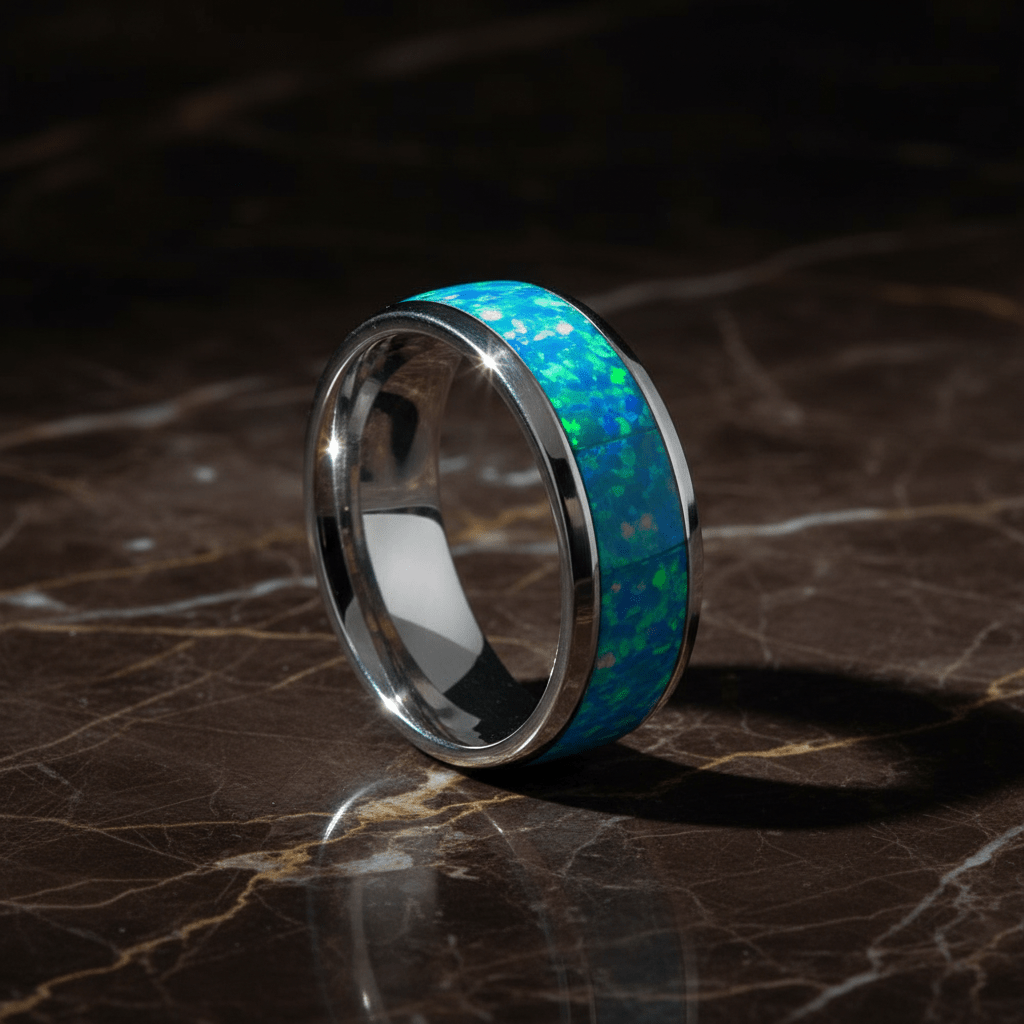 TROPIC — Luxury 3/4 angle on dark marble — men's tungsten wedding ring.