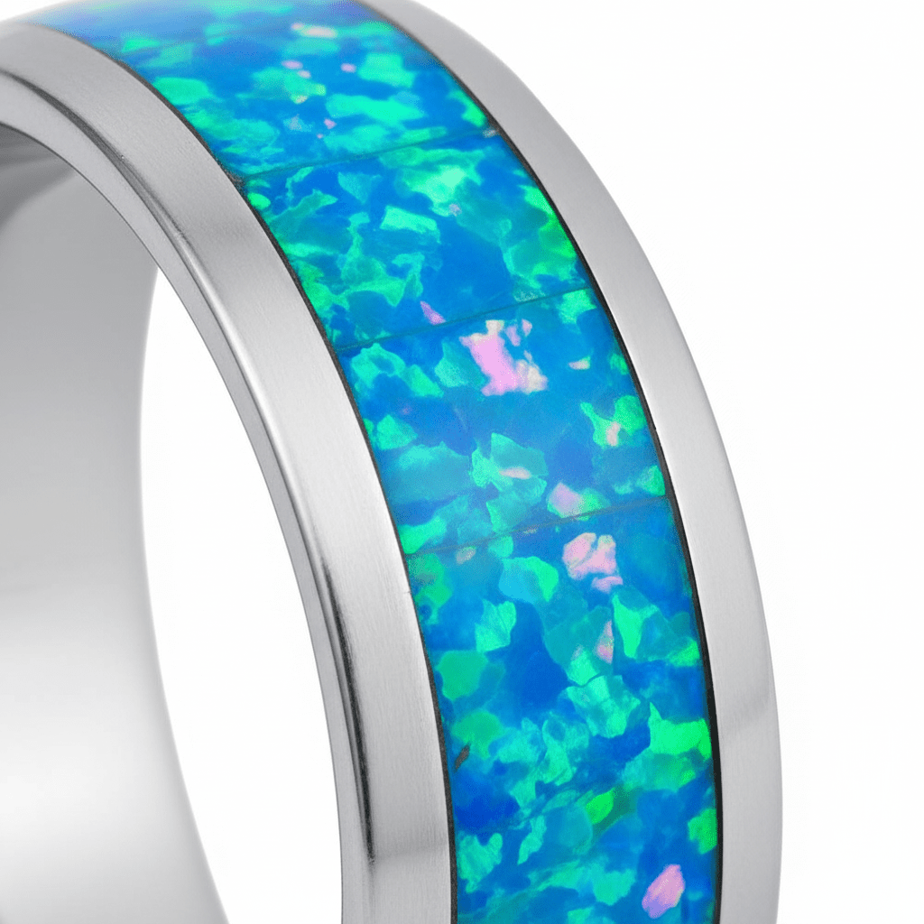 TROPIC — Extreme macro detail — men's tungsten wedding ring.