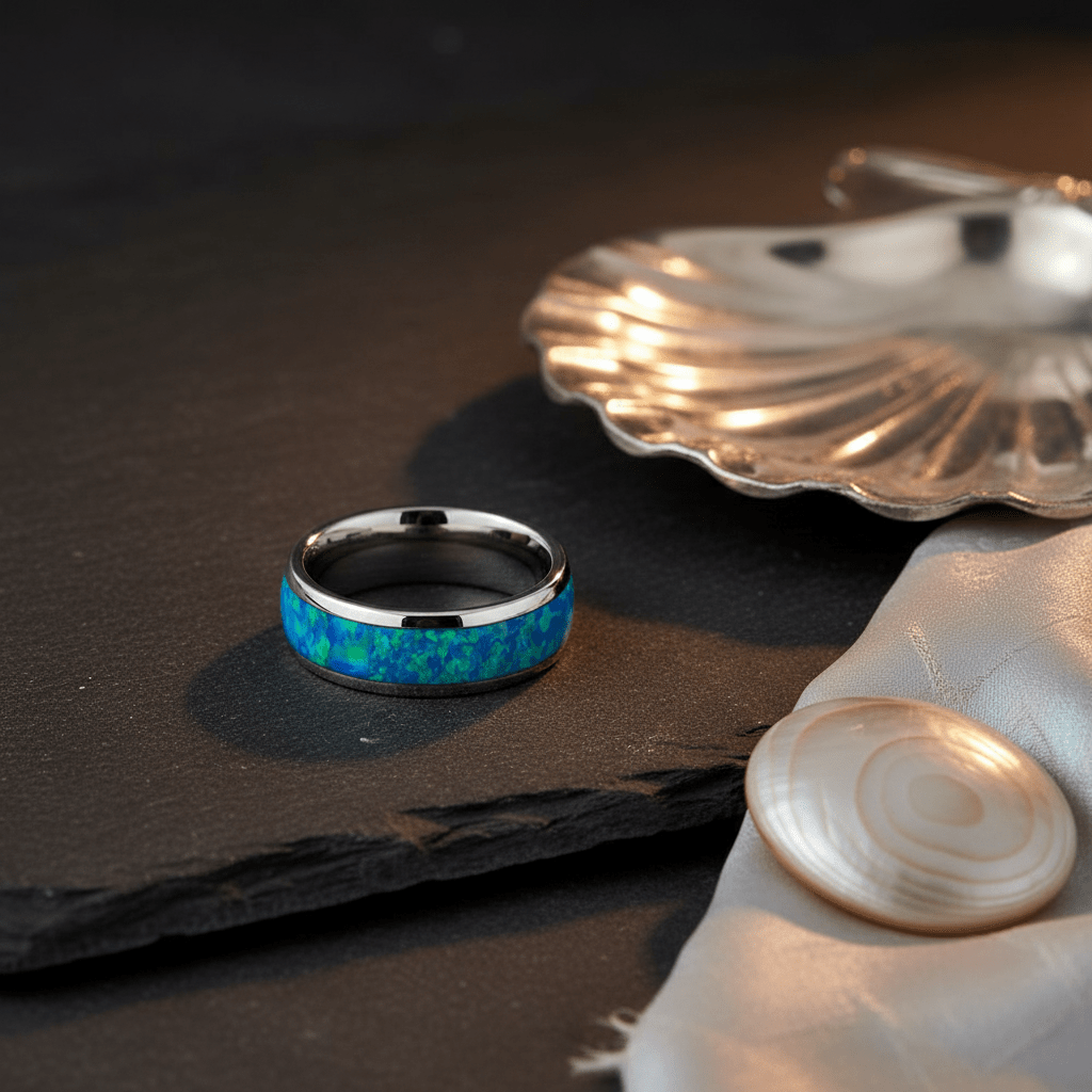 TROPIC — Editorial masculine still life — men's tungsten wedding ring.