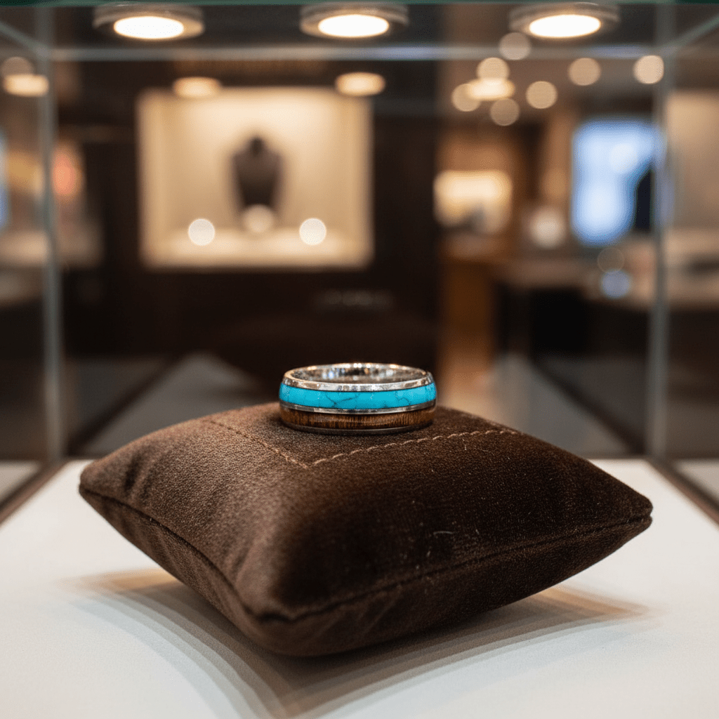 TURKOA — Premium boutique display on velvet — men's tungsten wedding ring.
