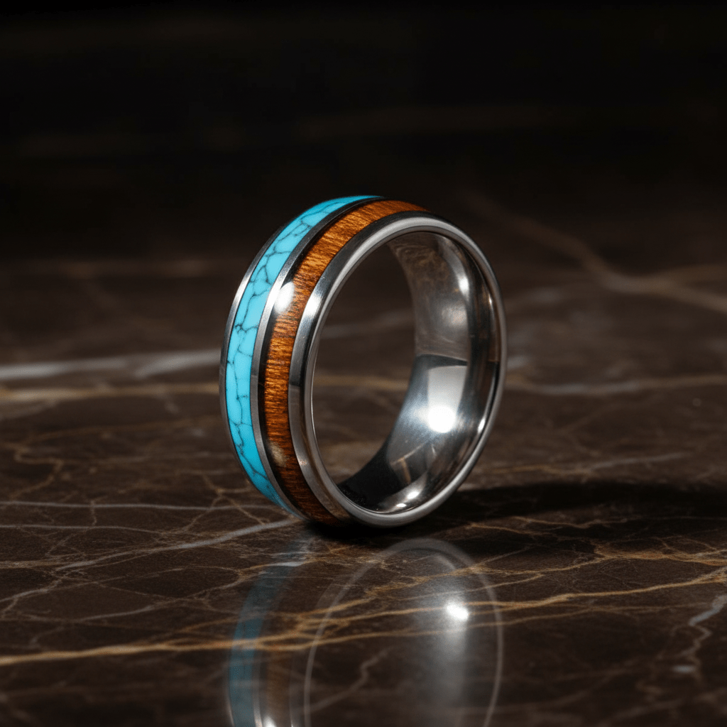 TURKOA — Luxury 3/4 angle on dark marble — men's tungsten wedding ring.