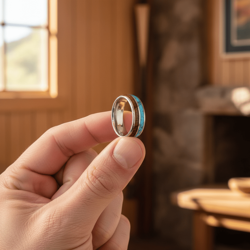 TURKOA — Held between fingers close-up — men's tungsten wedding ring.