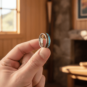 TURKOA — Held between fingers close-up — men's tungsten wedding ring.