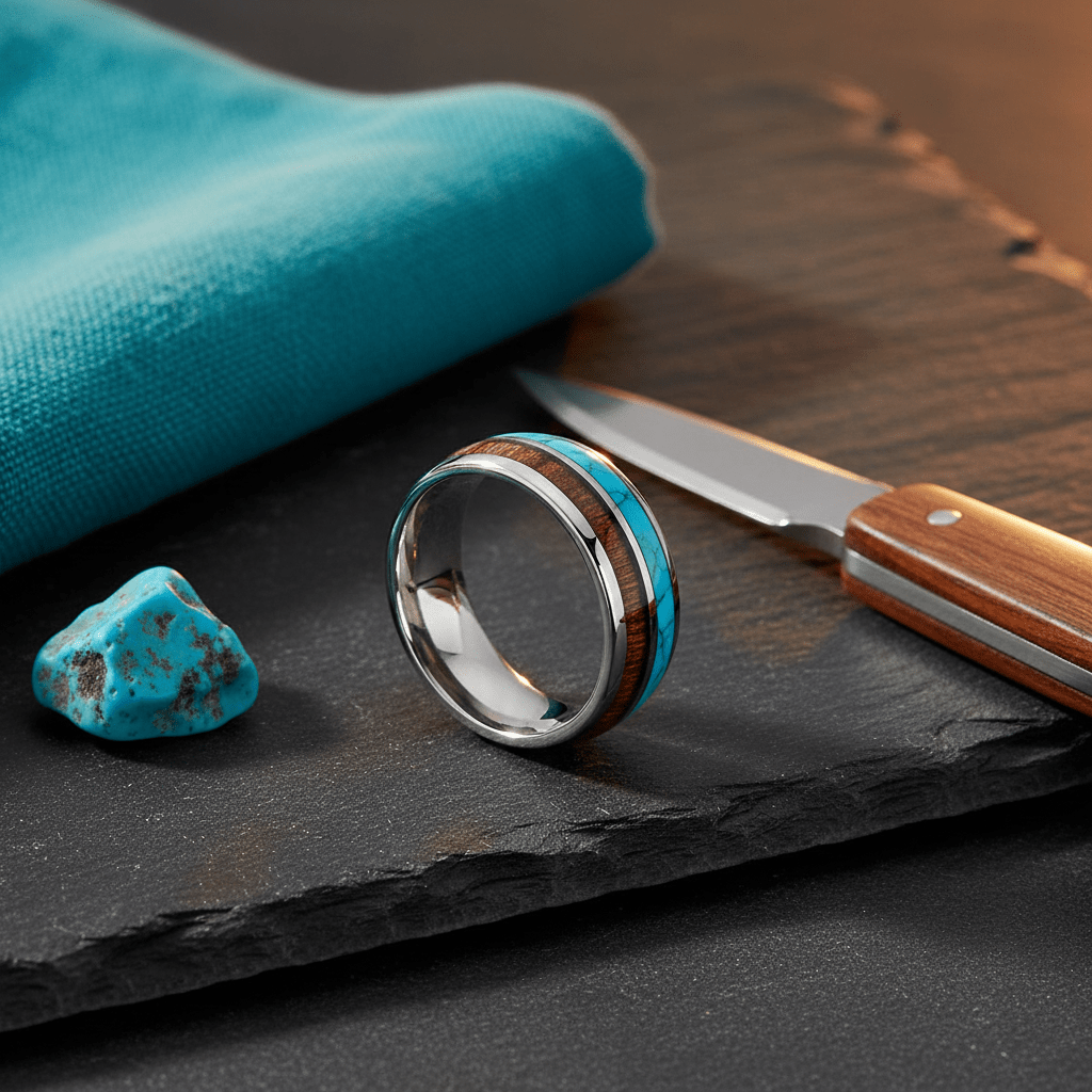 TURKOA — Editorial masculine still life — men's tungsten wedding ring.