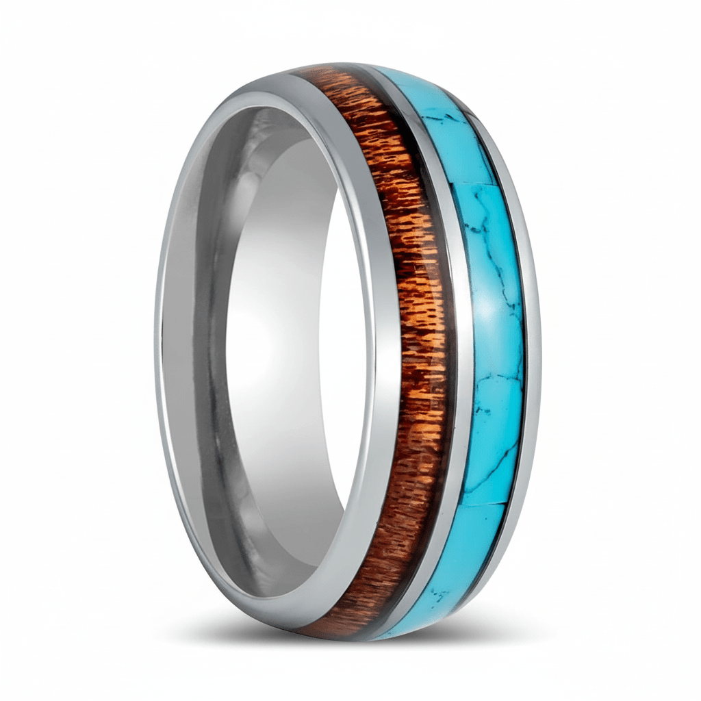 Silver Tungsten Ring Turquoise Koa Wood 8mm | TURKOA | Aydins