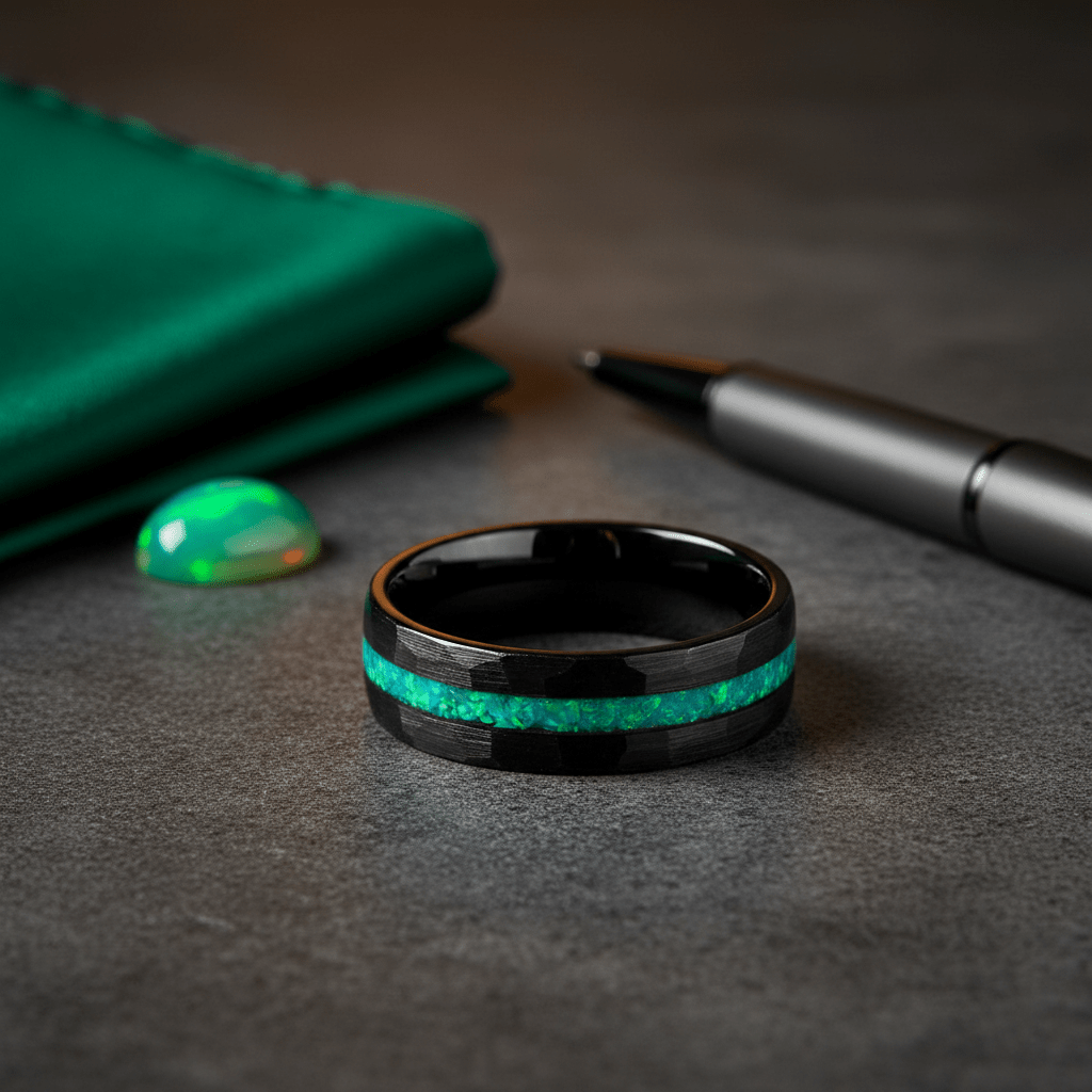 TURQUISEA — Editorial masculine still life — men's tungsten wedding ring.