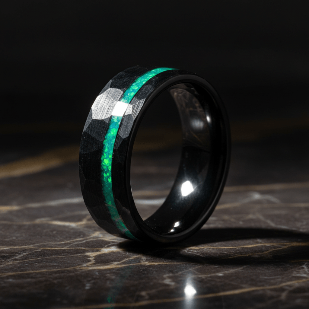 TURQUISEA — Luxury 3/4 angle on dark marble — men's tungsten wedding ring.