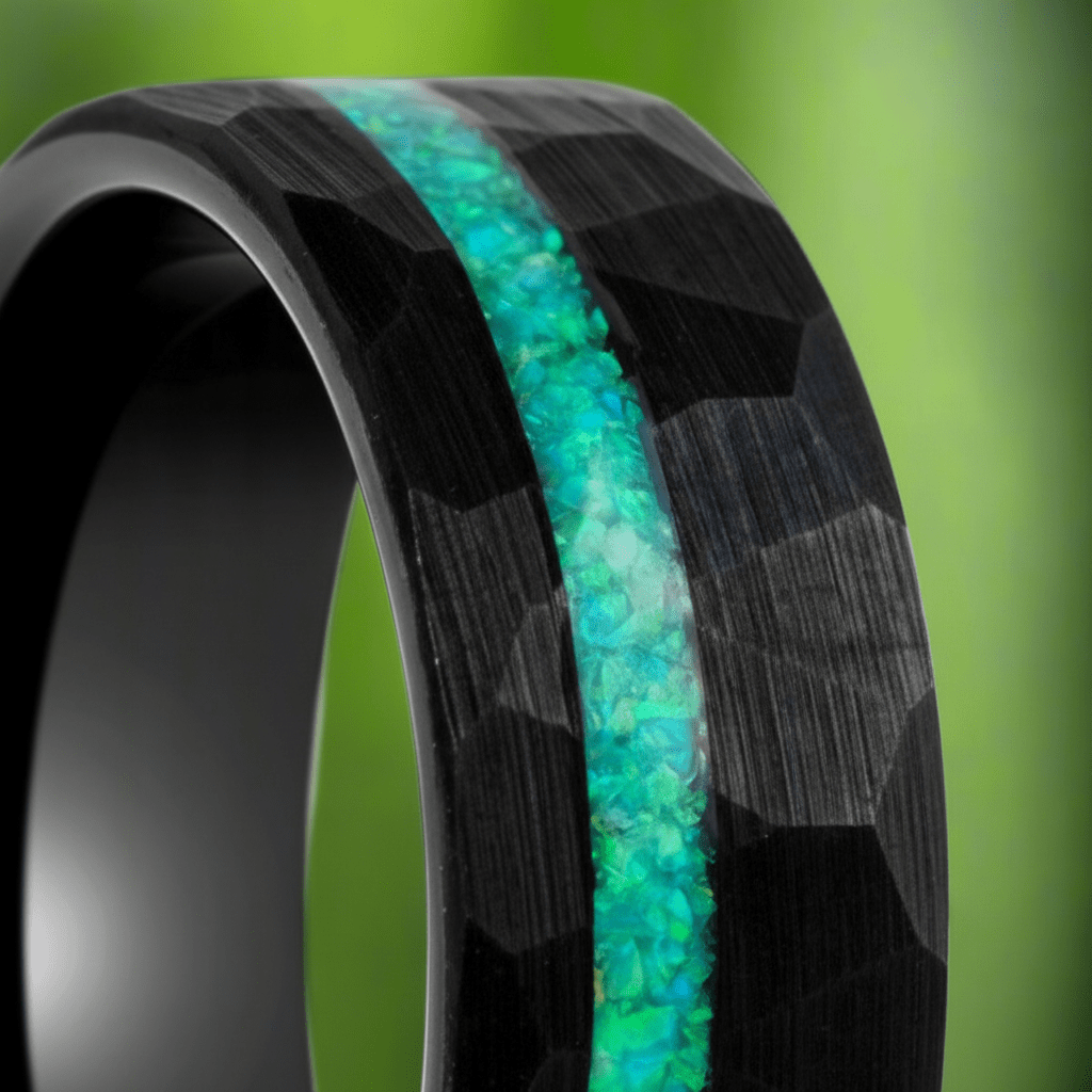 TURQUISEA — Extreme macro detail — men's tungsten wedding ring.