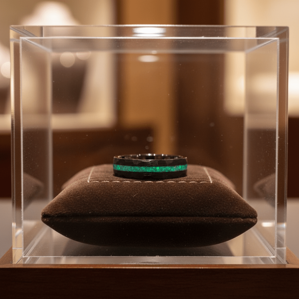 TURQUISEA — Premium boutique display on velvet — men's tungsten wedding ring.