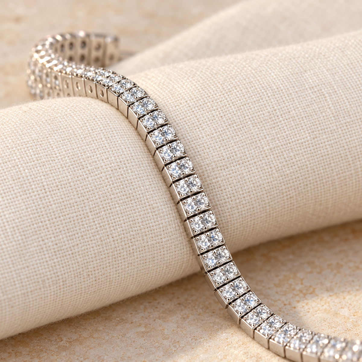 Two Row Diamond Tennis Bracelet, lab grown diamonds in silver, draped on ivory linen